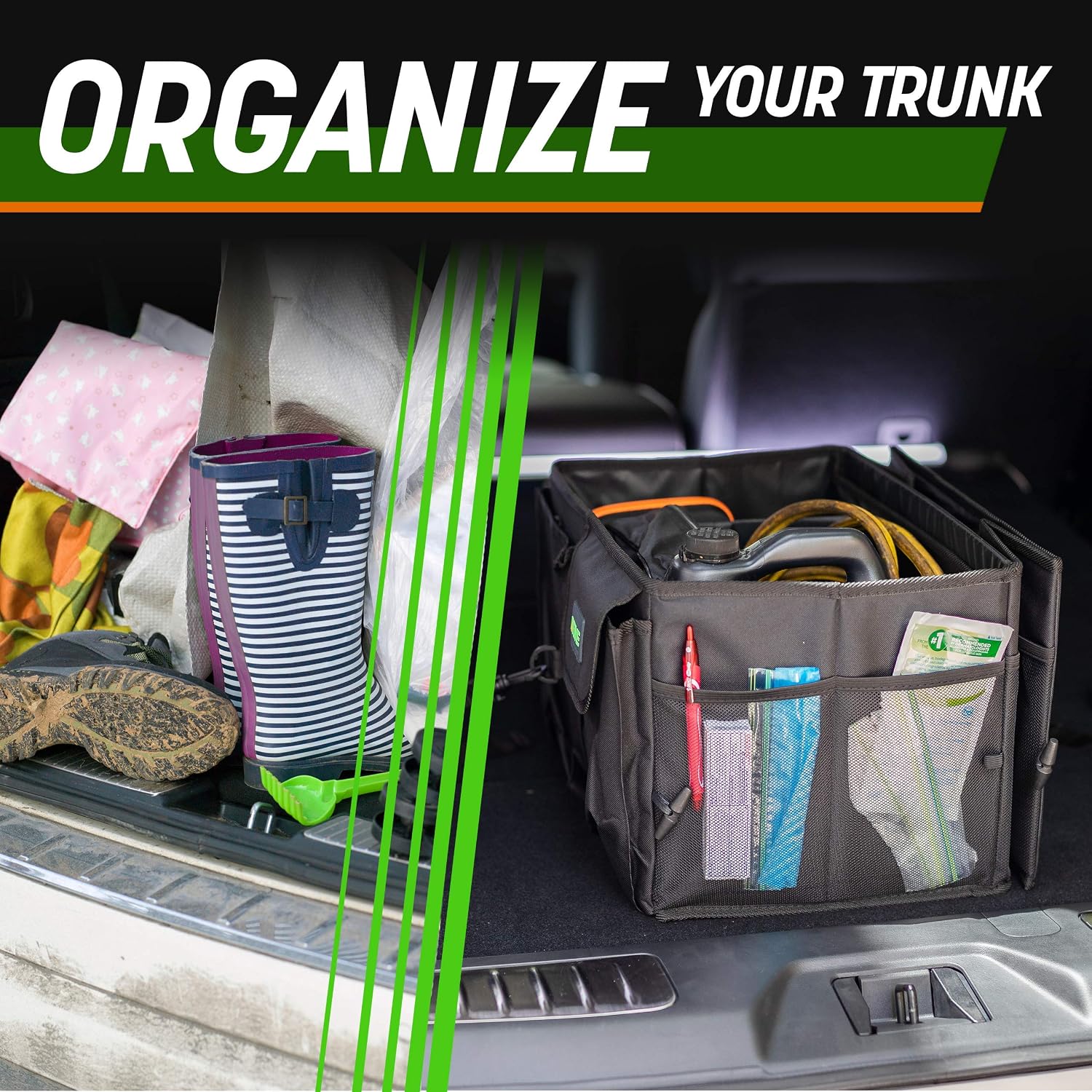 Collapsible Multi-Compartment Car Trunk Organizer with Adjustable Straps for SUV and Truck Storage