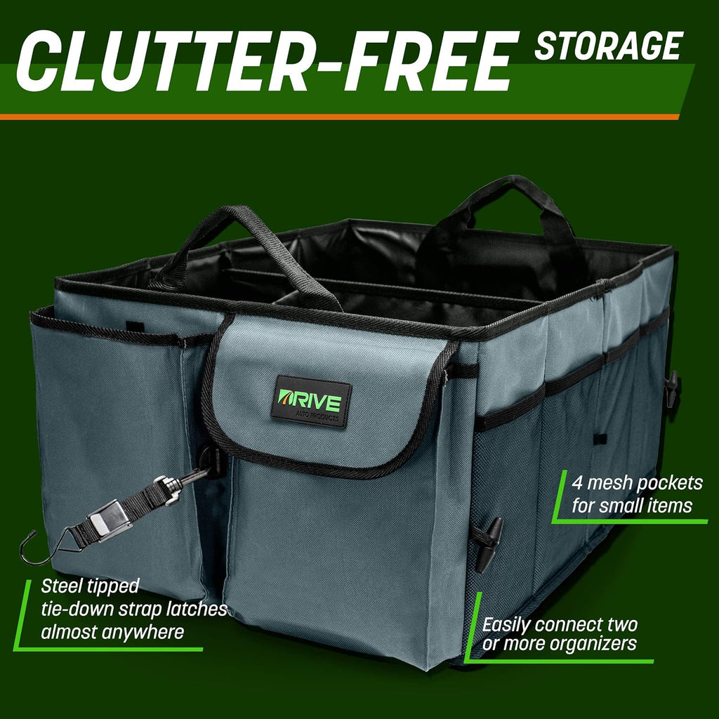Collapsible Multi-Compartment Car Trunk Organizer with Adjustable Straps for SUV and Truck Storage