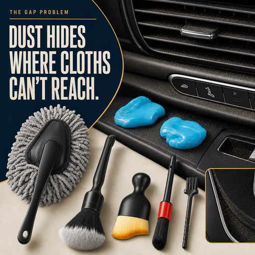 Dust hiding in car interior gaps beside the seven-piece detailing kit